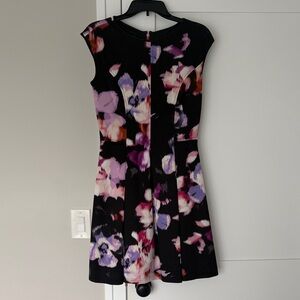 Maggy London Black Floral Fit & Flare Mini Dress with Purple and Pink Blooms